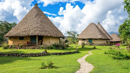 A thatched-roof community center surrounded by lush greenery in a tourism village.