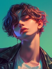 Fototapeta premium Confident young man profile illustration with short curly hair, stylish black jacket, and white t-shirt