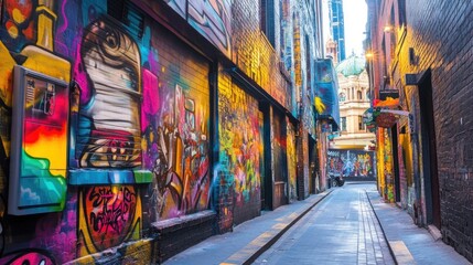 Vibrant Graffiti Art Alleyway in Melbourne, Australia, A Colorful Urban Landscape