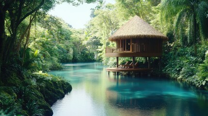 Bamboo hut on stilts overlooking a peaceful lagoon surrounded by tropical greenery.