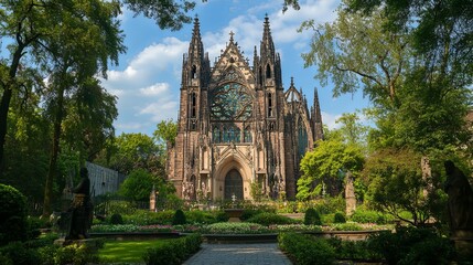 Obraz premium Gothic Church: Serene Garden Vista, Architectural Masterpiece