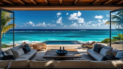 Fototapeta premium Beachfront resort villa with an open terrace and panoramic ocean views.