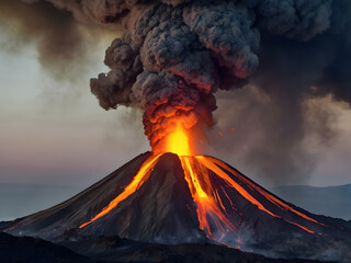 Erupting Volcano: A powerful volcano erupts, spewing molten lava and dark smoke against a twilight sky, creating a dramatic and awe-inspiring spectacle.