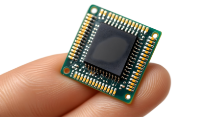 Computer Chip Held on Finger, Isolated on White Background