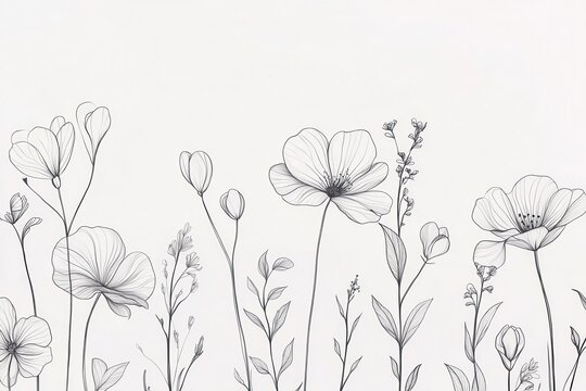 Naklejki Minimalist floral pattern featuring delicate botanical line art on white background enhancing modern elegance Generative AI