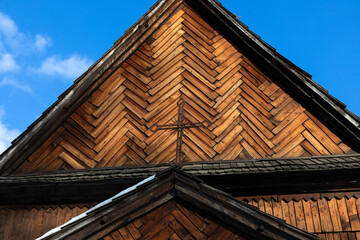 A fragment of an old wooden church in Ukraine.