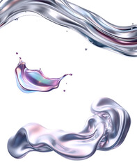 silver irridescent frozen liquid metal shapes.  High-gloss reflective surfaces. isolated