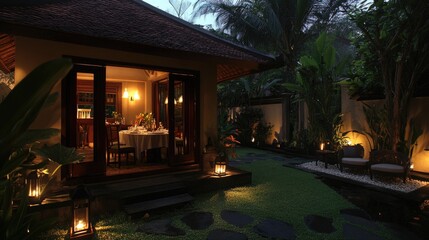 Obraz premium Boutique resort with an intimate outdoor dining area under fairy lights.