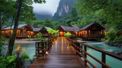 Fototapeta premium Charming wooden bridge over a scenic river in a nature-based tourism village.
