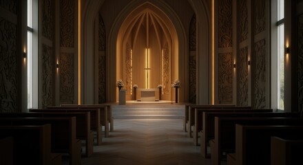 Fototapeta premium Interior of dimly-lit, modern church or chapel, with rows pews and illuminated altar