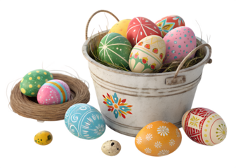 Colorful Easter eggs in a rustic bucket, showcasing intricate designs and vibrant colors against a transparent background.