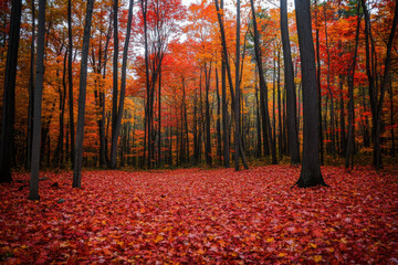 Obraz premium Red maple leaves covering the ground in autumn forest