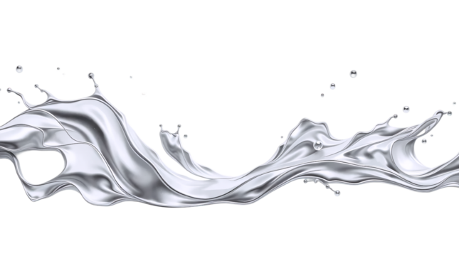 Abstract waves and splashes of liquid steel metal with realistic reflections. Smooth, curved shapes create a fluid and elegant effect. isolated
