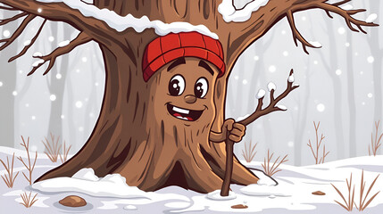 winter tree sick with limping stick. cartoon mascot vector