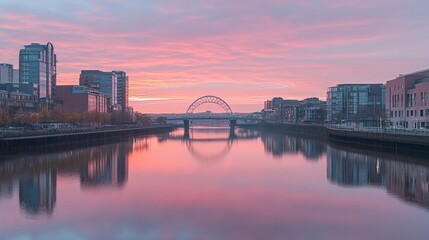 Fototapeta premium Cultural landmarks reflected in a calm river at sunrise.