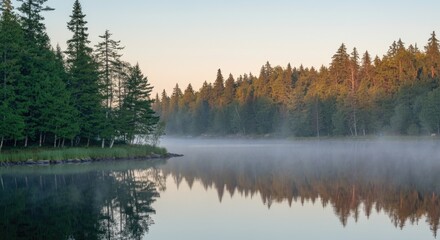 Serene forest landscape with mist over calm lake at sunrise