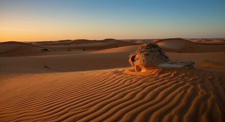 Sunset view of sand dunes and rock in desert landscape