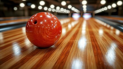 Bowling ball on alley, pins in background, inside bowling center, blurred lights