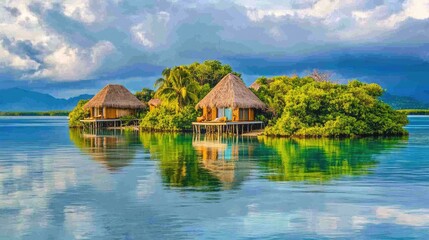 Naklejka premium Eco-friendly island resort with thatched-roof bungalows and solar-powered amenities.