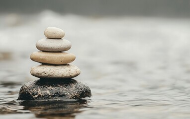 Stacked stones in a tranquil river.