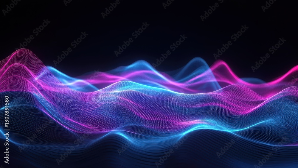 Poster abstract colorful wave patterns with blue and pink lights creating a dynamic visual experience in a 