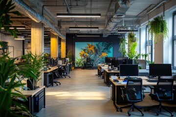 Naklejka premium Modern office, plants, artwork, sunlight, coworking space