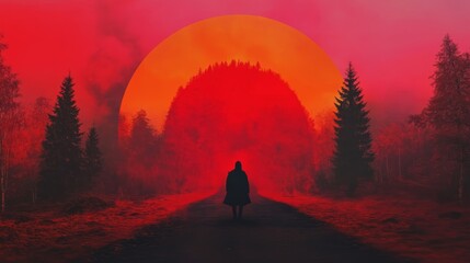 Mysterious figure in a crimson forest, silhouetted against a fiery sunset. An enigmatic scene of deep red hues and ominous beauty.