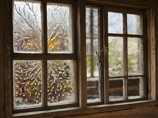 Fototapeta premium Antique Window with Etched Glass: A charming view through an antique window featuring beautifully etched glass panes, showcasing the outside world in a unique and artistic way.