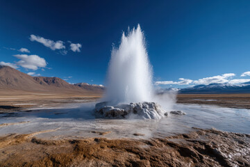 Geyser erupting hot water and steam in the andes mountains