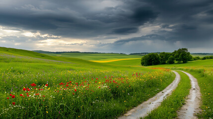 Obraz premium Dramatic landscape with rain-laden clouds and lush fields