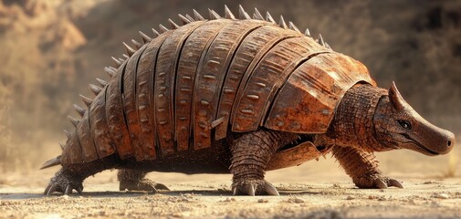 Fototapeta premium A formidable steampunk armadillo strides across a desolate landscape