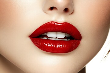 Obraz premium Beautiful woman showing her lips with bright red glossy lipstick