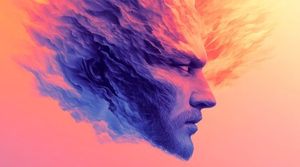 Abstract portrait of a man, his face merging with vibrant, swirling colors.  A study in contrasting hues and textures.