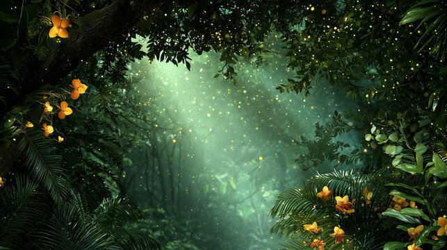 Lush rainforest canopy with vibrant flora and sunlight filtering through
