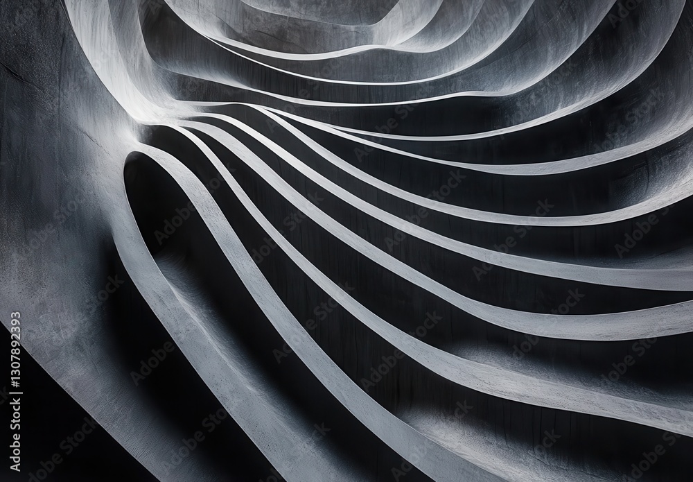 Poster abstract curved lines in monochromatic gray palette creating dynamic fluidity and depth in architect
