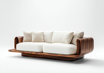 Naklejka premium Modern white sofa, wooden frame, studio, interior design