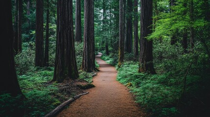 Fototapeta premium Forest bathing experience with a pathway through tall trees and fresh air.