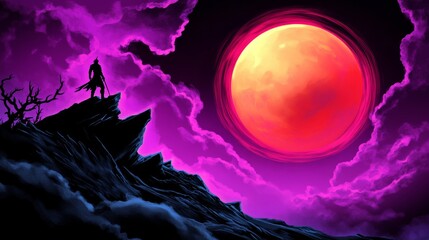 Obraz premium Silhouetted warrior stands on a cliff overlooking a vibrant, crimson moon. A dramatic and surreal scene.