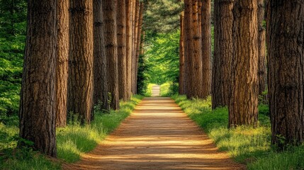 Fototapeta premium Forest bathing experience with a pathway through tall trees and fresh air.