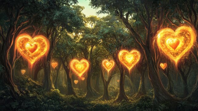 Floresta m&aacute;gica com cora&ccedil;&otilde;es iluminados