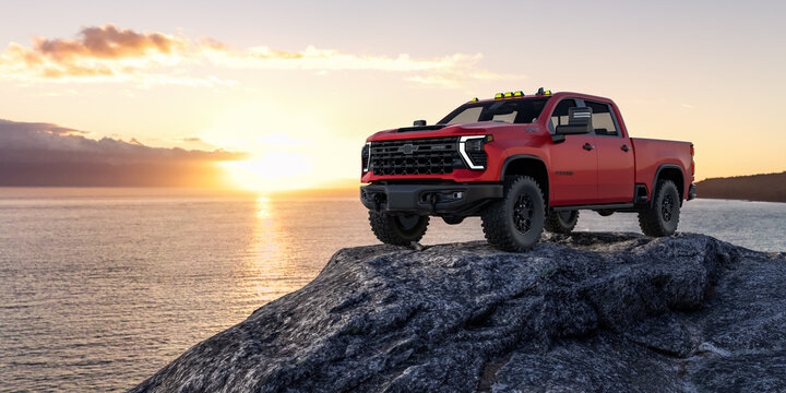 Chevrolet Silverado HD ZR2 Bison Truck at Sunset Overlooking Scenic Ocean