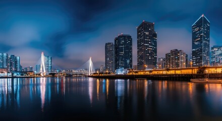 Fototapeta premium Modern city skyline at night with reflection on water