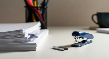 Office supplies on desk, emphasizing stacked papers and stapler