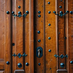 Ornate Wooden Doorway: An exquisite close-up reveals a richly textured, aged wooden door, adorned with decorative metal studs and an antique handle.