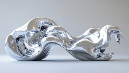Abstract Fluid Metallic Sculpture in Silver Color with Flowing Shapes and Smooth Curves for Modern Art and Design Themes