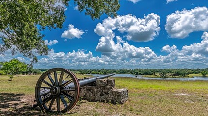 Historic battle reenactment site with preserved cannons and period structures.