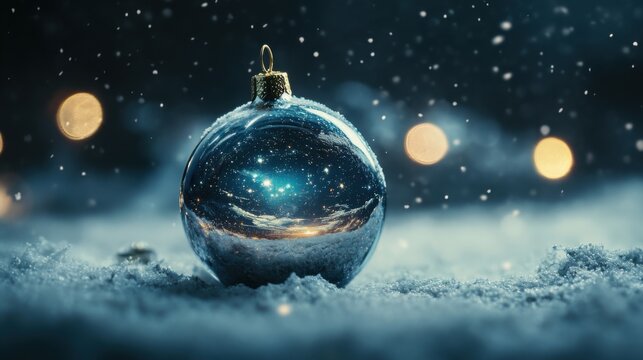 Bola de natal refletindo estrelas em um fundo nevado