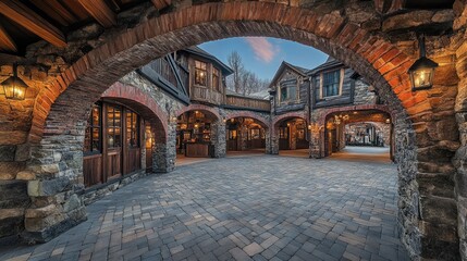 Fototapeta premium Historic marketplace with arched stone passageways and rustic charm.