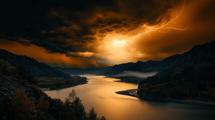 Fototapeta premium Dramatic thunderstorm illuminating rugged terrain and river
