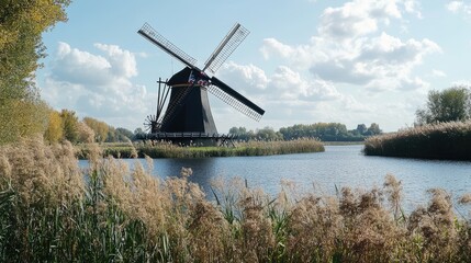 Historic wooden windmill in a Dutch countryside landscape.